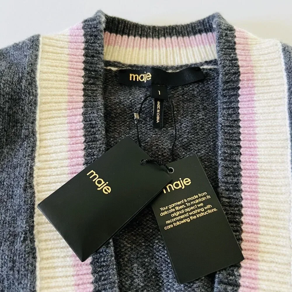MAJE Charcoal Gray College Cardigan With M Patch - 1 (Small)